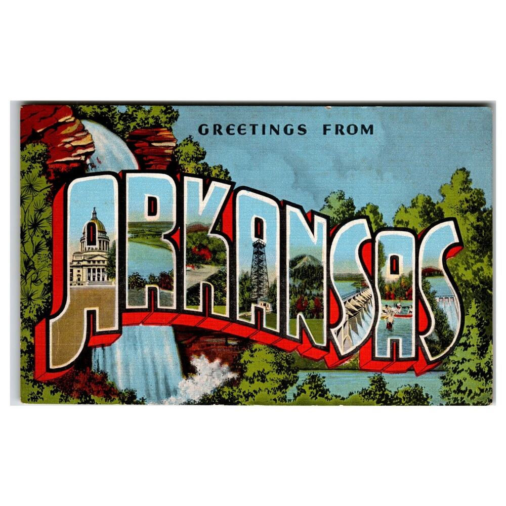 Greetings From Arkansas Large Letter Linen Postcard E. C. Kropp Co. Vintage